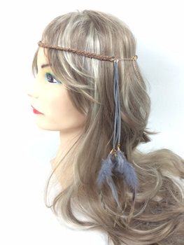 Braided Headband with Feathers Grey/Brown (1 pc)