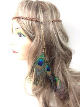Braided Headband Brown with Peacock Feathers | Ibiza Boho Style (1 pc)