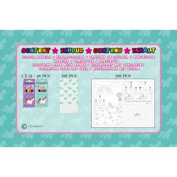 COMPLETE HOSPITALITY BOX UNICORN - 48x Pencil Sets + 100x Colouring Sheets + 100x Napkins (248 pcs)