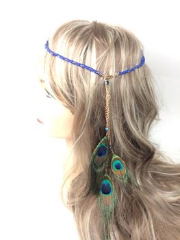 Braided Ibiza Hairband Blue with Peacock Feathers (1 pc)