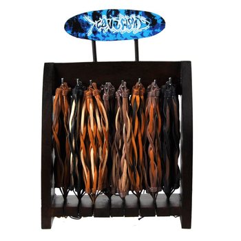 LEATHER BRAIDED BRACELETS ON WOODEN DISPLAY (93ST).