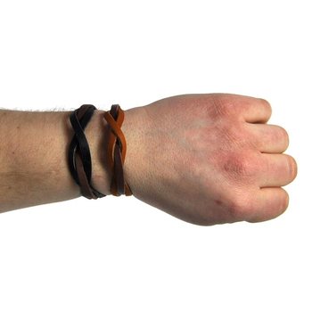 LEATHER BRAIDED BRACELETS ON WOODEN DISPLAY (93ST).