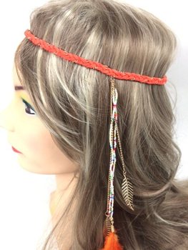 Braided Headband with Feathers - Orange (1 pc)
