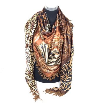 Luxury Triangular Scarf Reversible Tiger / Brown with Fringes (1 pc)