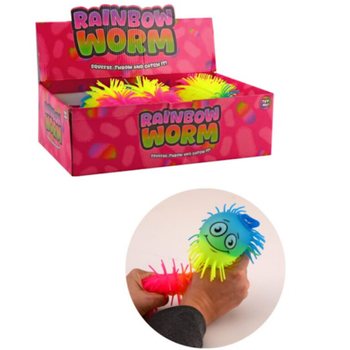 RAINBOW PUFFER WORM BALL - 22CM - ASSORTED COLOURS - IN DISPLAY (12 pcs)