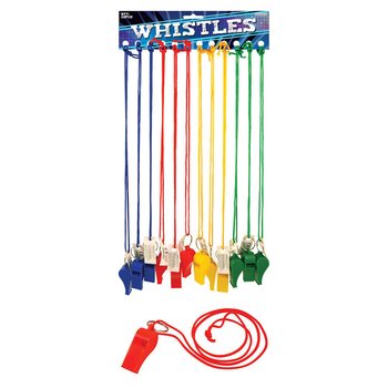 MIXED COLORED WHISTLES WITH LANYARD (12 pcs)