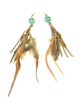 IBIZA STYLE EARRINGS PEACE & FEATHERS CREAM/TURQUOISE (1 Pair)
