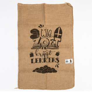 LARGE SINTERKLAAS JUTE SACK - WITH TEXT: WIE ZOET IS KRIJGT LEKKERS - Approx. 60 x 100 cm (1 pc)